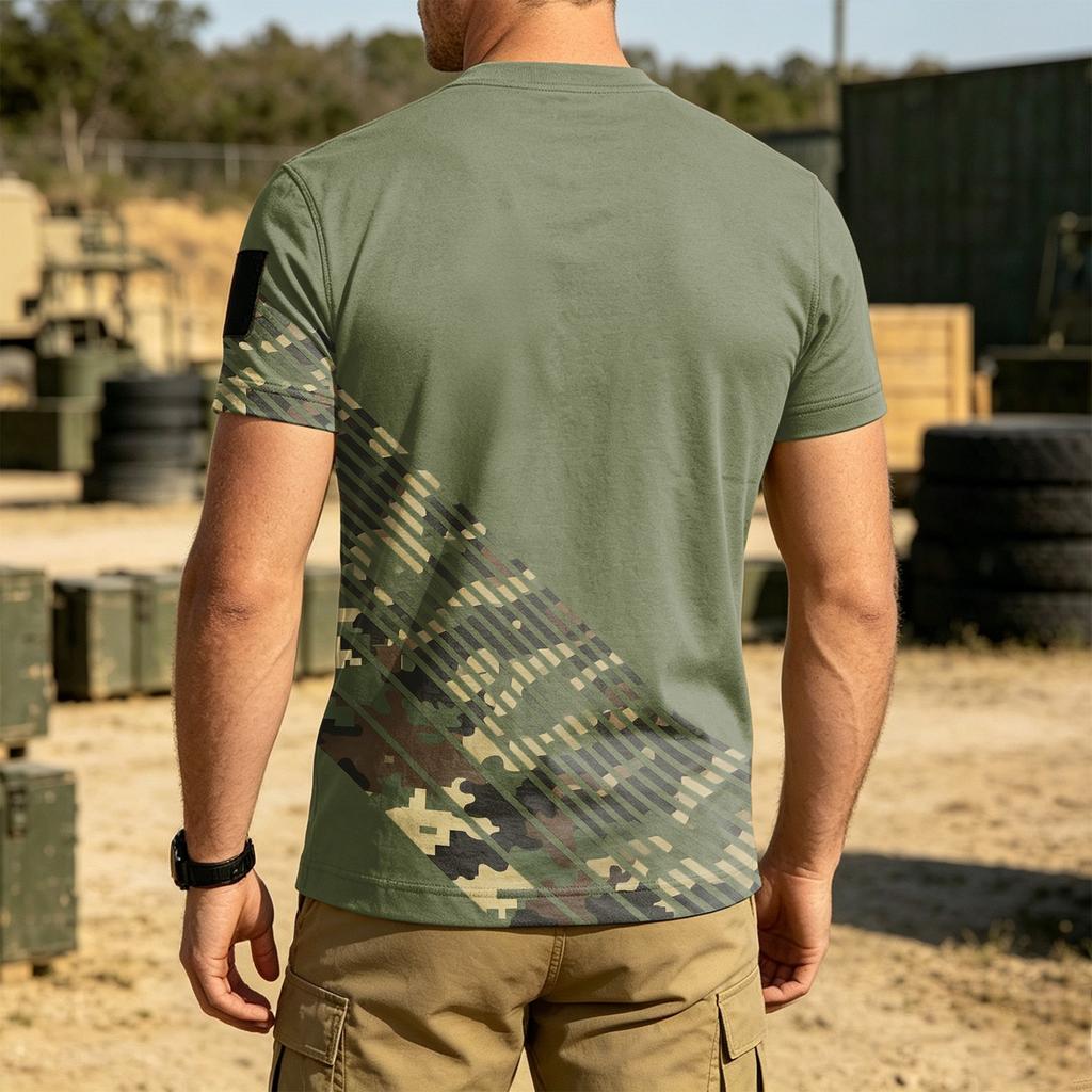 Men Tactical Crew Neck Loose Fit Breathable Outdoor Quick Dry T Shirt with Camouflage Print and Hook Loop Patch Design