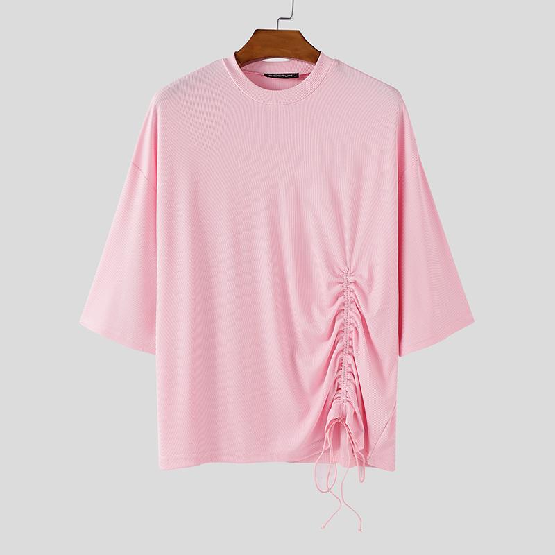 

INCERUN Oversized Mens Short Sleeve Side Drawstring Casual Rib T-shirts 3XL розовый
