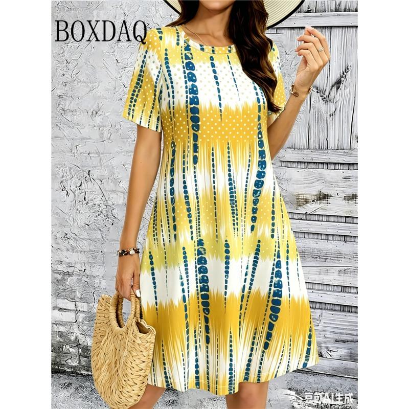 Tie Dye Gradient Striped Printing Dresses For Women Summer Fashion Plus Size Dress Casual Short Sleeve Loose Dress 6XL Clothing