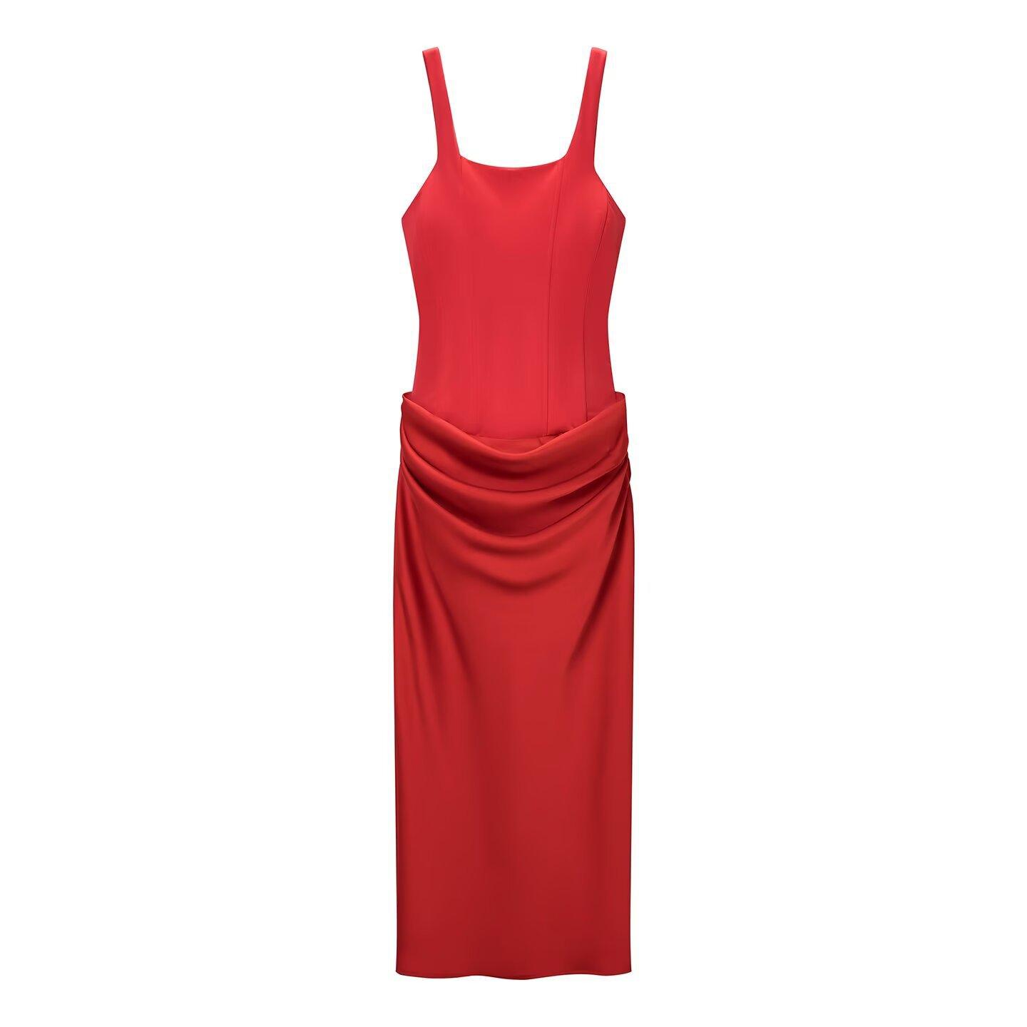 European and American style, new women s clothing, foreign style, classic, versatile sleeveless pleated dress S красный