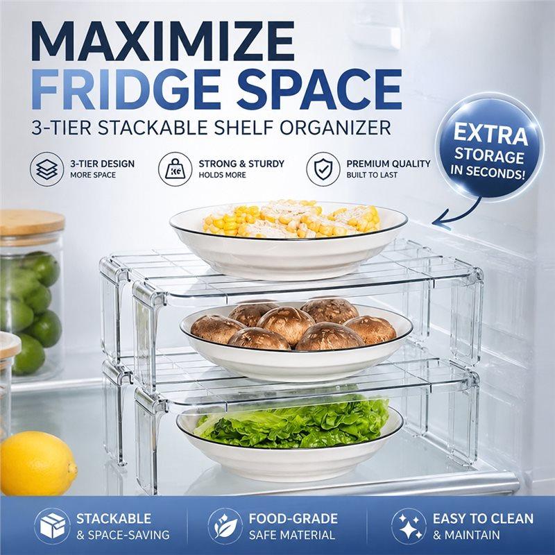 AT19-Kitchen Counter Shelf Rack 2-Pack Transparent Refrigerator Storage Organizers, Stackable For Food Spice Bottle Storage
