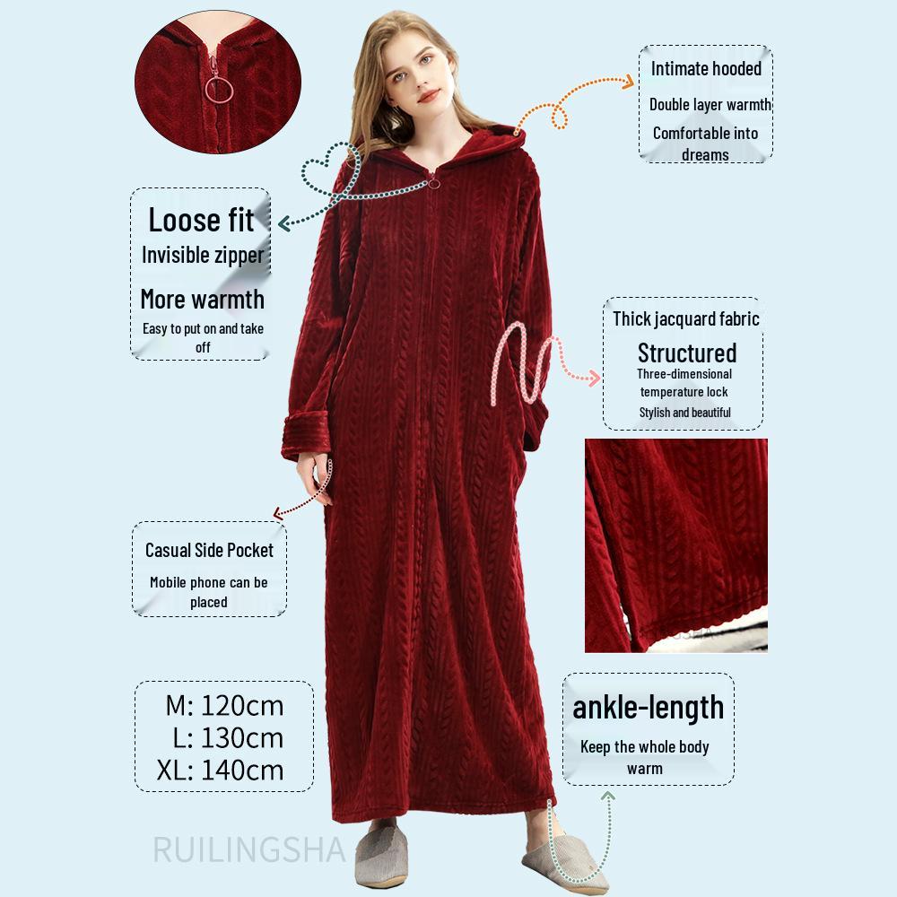 Thickened Flannel Robe: Warm Coral Fleece Bathrobe for Couples - Men's & Women's Plus Size Zipper Nightgown