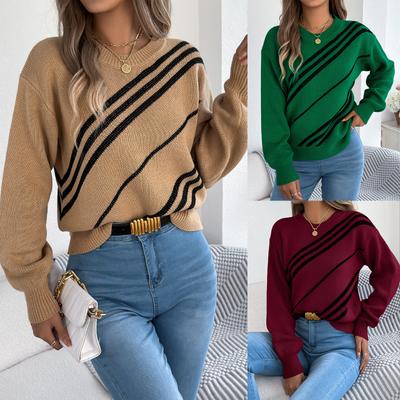 Women's Twill Texture Sweater Color Block Round Neck Long Sleeve Cabin Core Knit Winter Vacation Pullover Tops