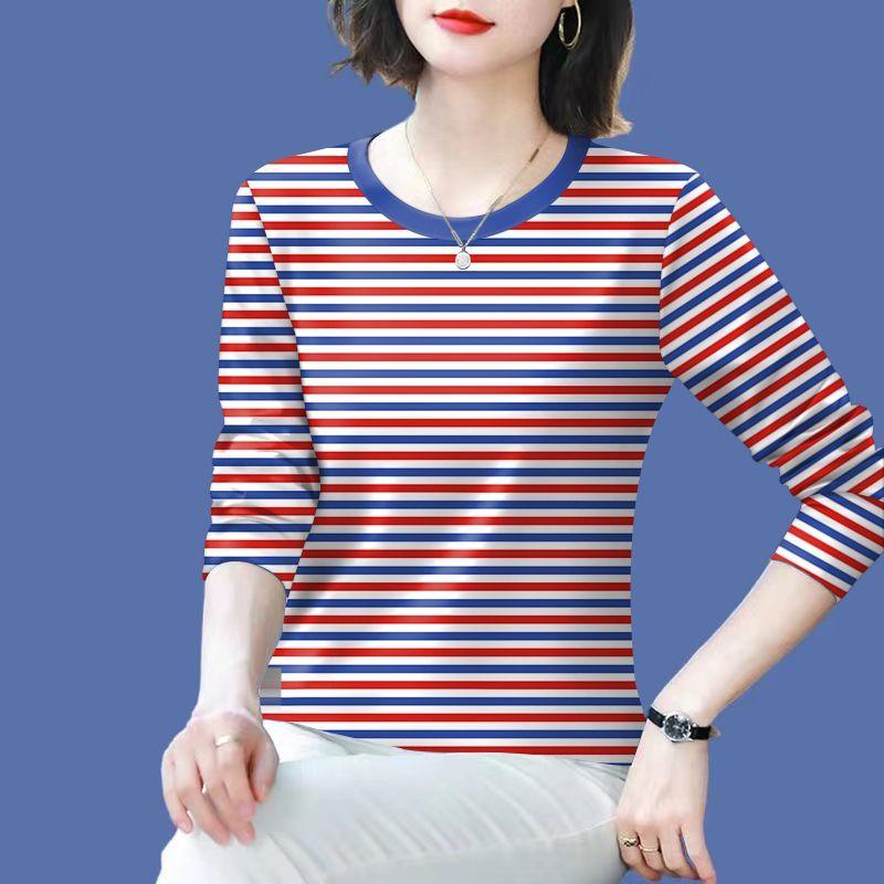 Striped Long Sleeve T-Shirt Polyester Round Neck Loose Fit