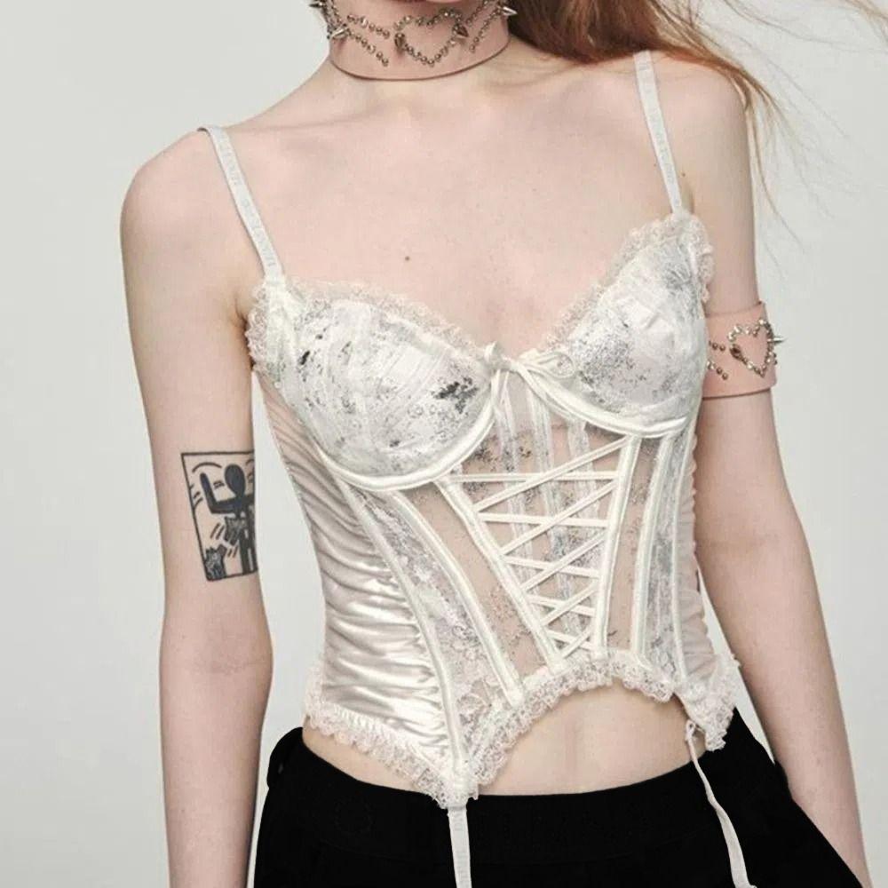 Sleeveless Lace Flower Camisole Mesh Transparent Suspender Vest Satin Lace-up Corset Travel