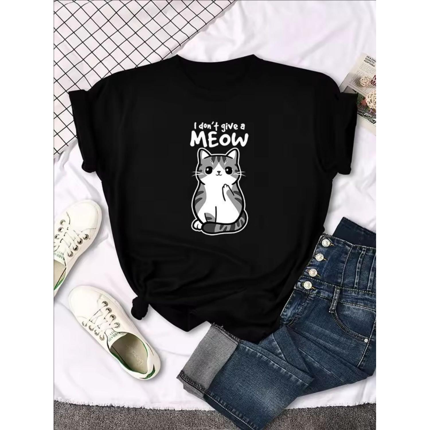 

Cute Cat Print Women s T-shirt Street Breathable New Short-sleeved Casual Fashion T-shirt Summer Cool and Comfortable Clothing S чёрный