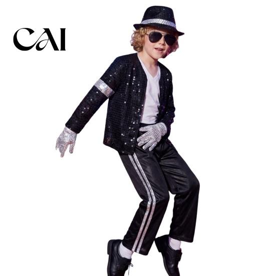 Breathable Fabric Costume Kids 80s 90s Performance Costume, Black Sequin Jacket, Top, Trousers, Hat, Dance Recital Outfit Children Glasses, Gloves, 7