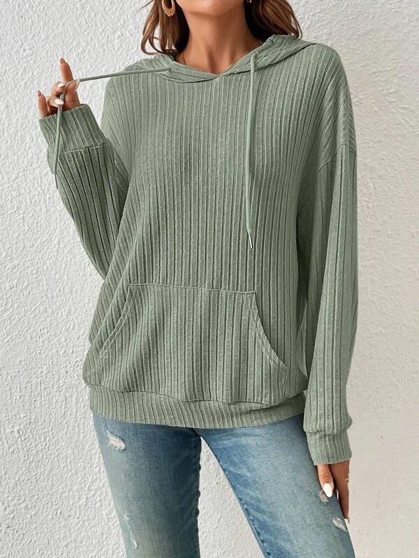 2025 Autumn Women's European American Knit Hooded Ribbed Kangaroo Pocket Hoodie