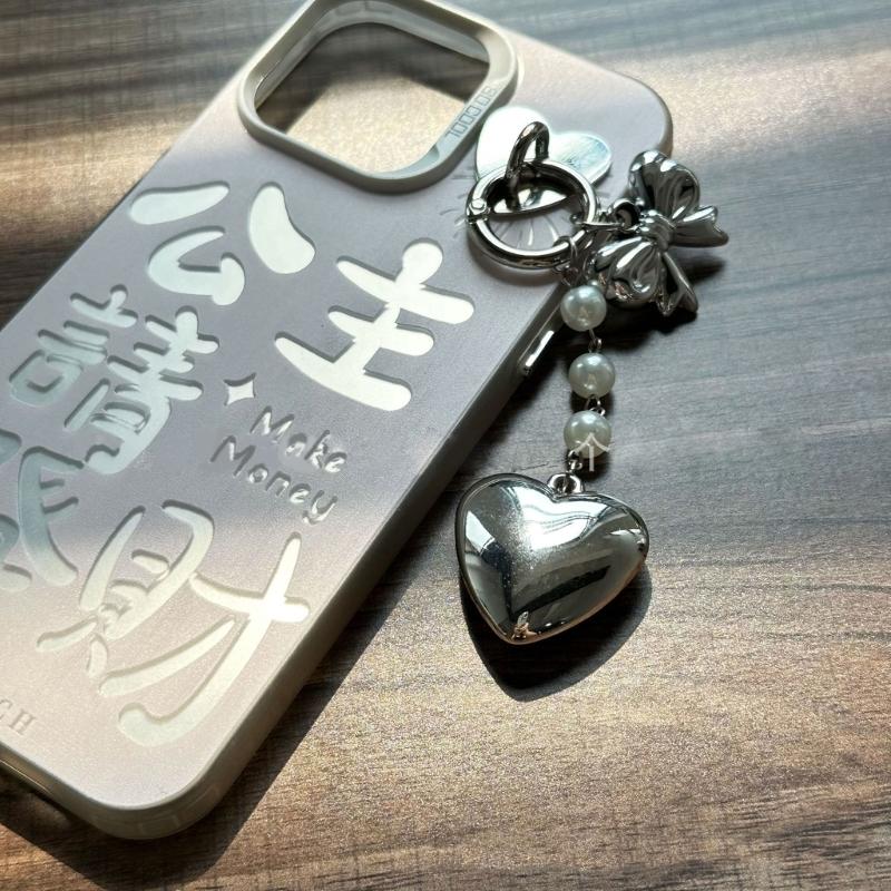 Fashionable Heart Pendant Stylish Bowknont Keychain Bag Charm Earphone Accessory Elegant Pearl Bowknot Heart Charm