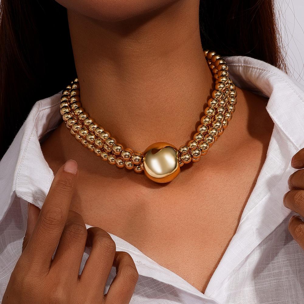 Fashion Gold Color Beaded Necklace for Women Multi Layer Round Beads Choker Necklaces Punk Jewelry Gifts