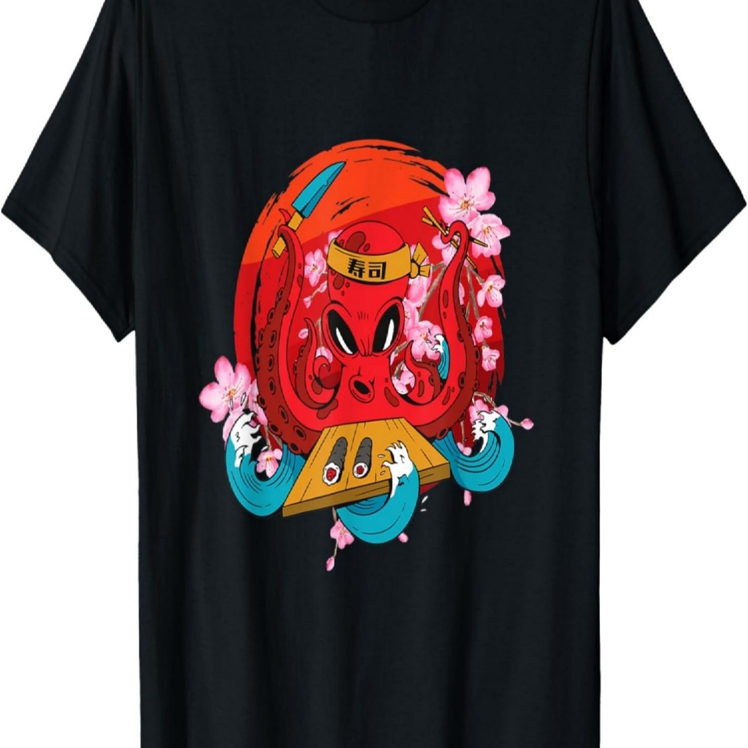 Japan Zen Circle Cherry Blossom Octopus T-Shirt S