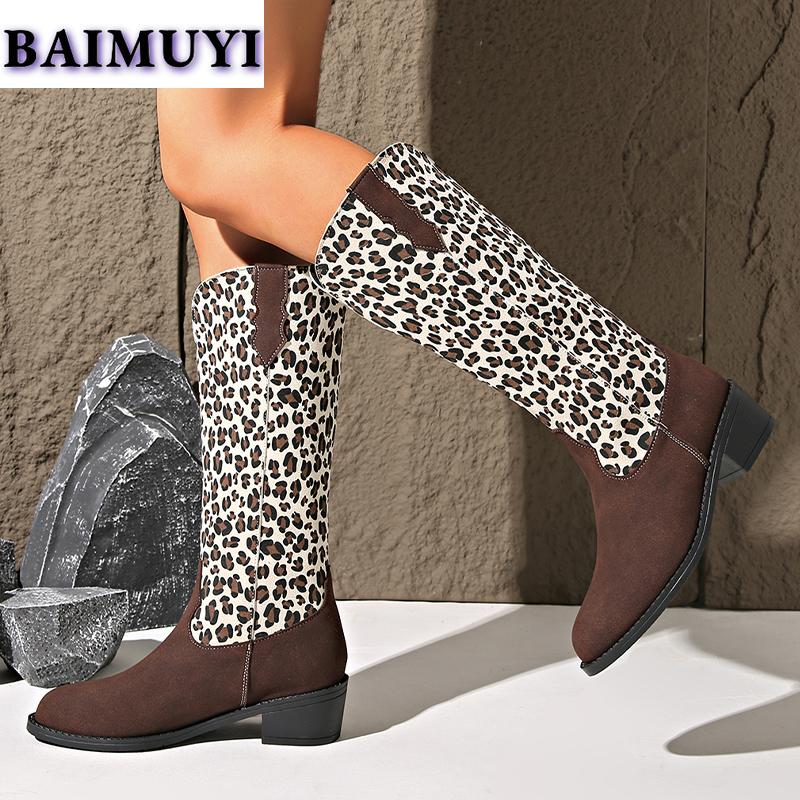 Fashion Leopard Mid Heels Women Shoes Mid-calf Boots 2025 Trend Designer Gladiator Chunky Western Boots New Pumps Chelsea Botas Mujer