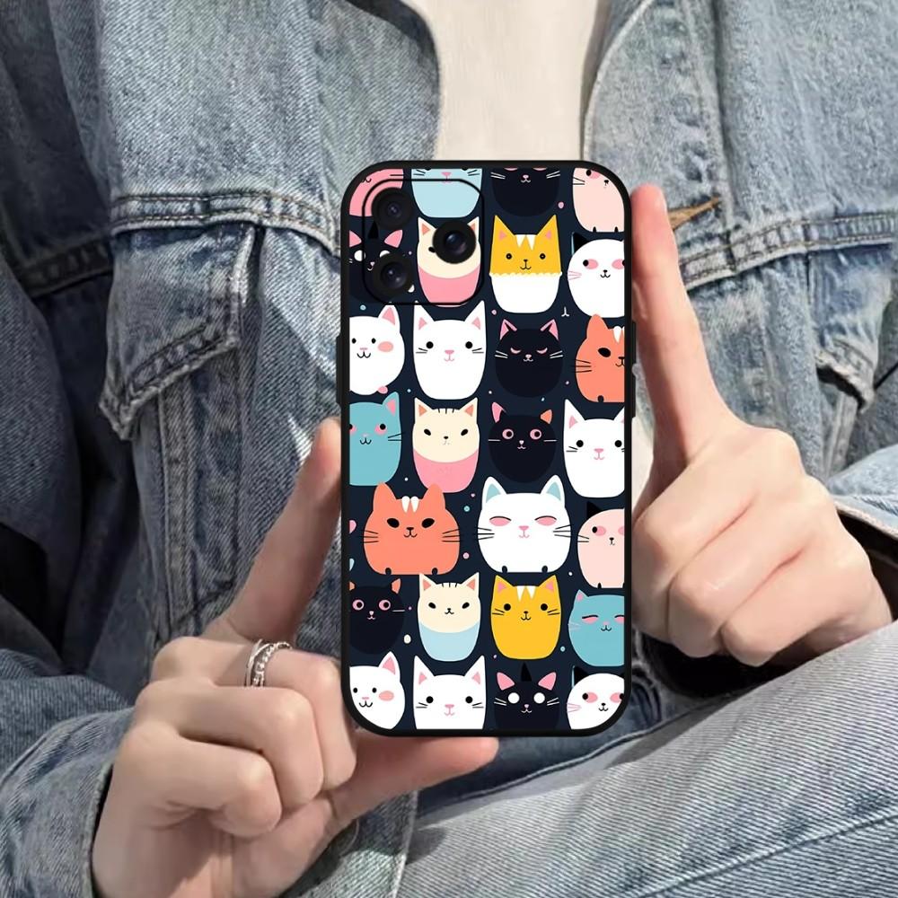 Cute Cat Cartoon Phone Case For iPhone Mini 11 12 13 14 15 Pro XS Max X Plus SE XR Black Soft Shell