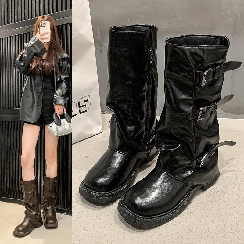 Retro belt buckle trouser boots women's 2025 autumn and winter new models but knee high knight boots slim pile boots