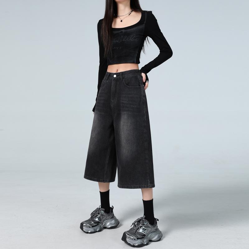 American High Street Seven-Foot Women'S Jeans Spring Autumn Loose Wide Leg Drapey Straight Cut Trousers Fashion Design