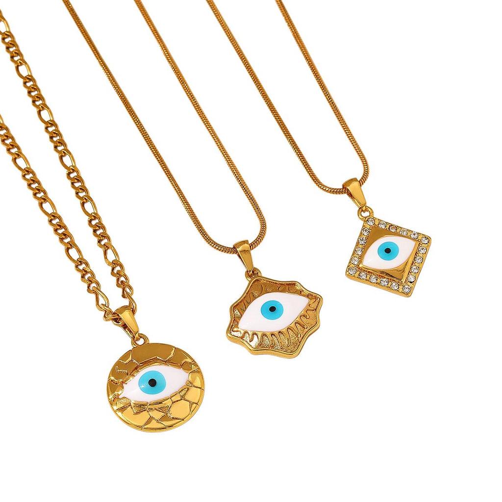 Retro Devil's Eye Pendant Necklace with Snake Bone Chain and Rhinestones, Stainless Steel and Titanium Steel.