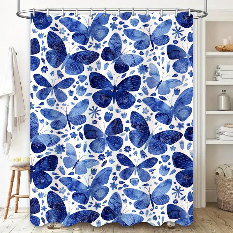 Blue Butterfly Flower Shower Curtain Waterproof Decorative Bathroom Fabric 3D Printed Wall Hangings for Home Decoration Large Si