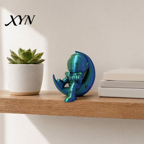 Office Desk Astronaut Figurine 3D Printed Moon Figurine, Sitting on Crescent Spaceman Ornament Statue, Desktop Decoration for Home Bookshelf Mini