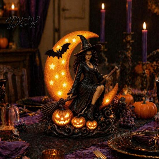 Ornamento da Tavolo Fiaba Oscura Lampada Strega di Halloween, Luce Notturna LED Luna Crescente Gotica, Statuetta con Base Ponderata Lampada Decorativa Spettrale per