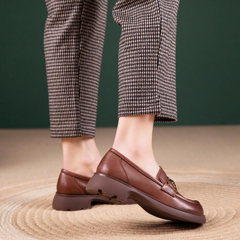 First Layer Cowhide Loafers Women's Spring and Autumn New Leather British Style Casual Versatile Small Leather Shoes Single Shoes Women's Shoes