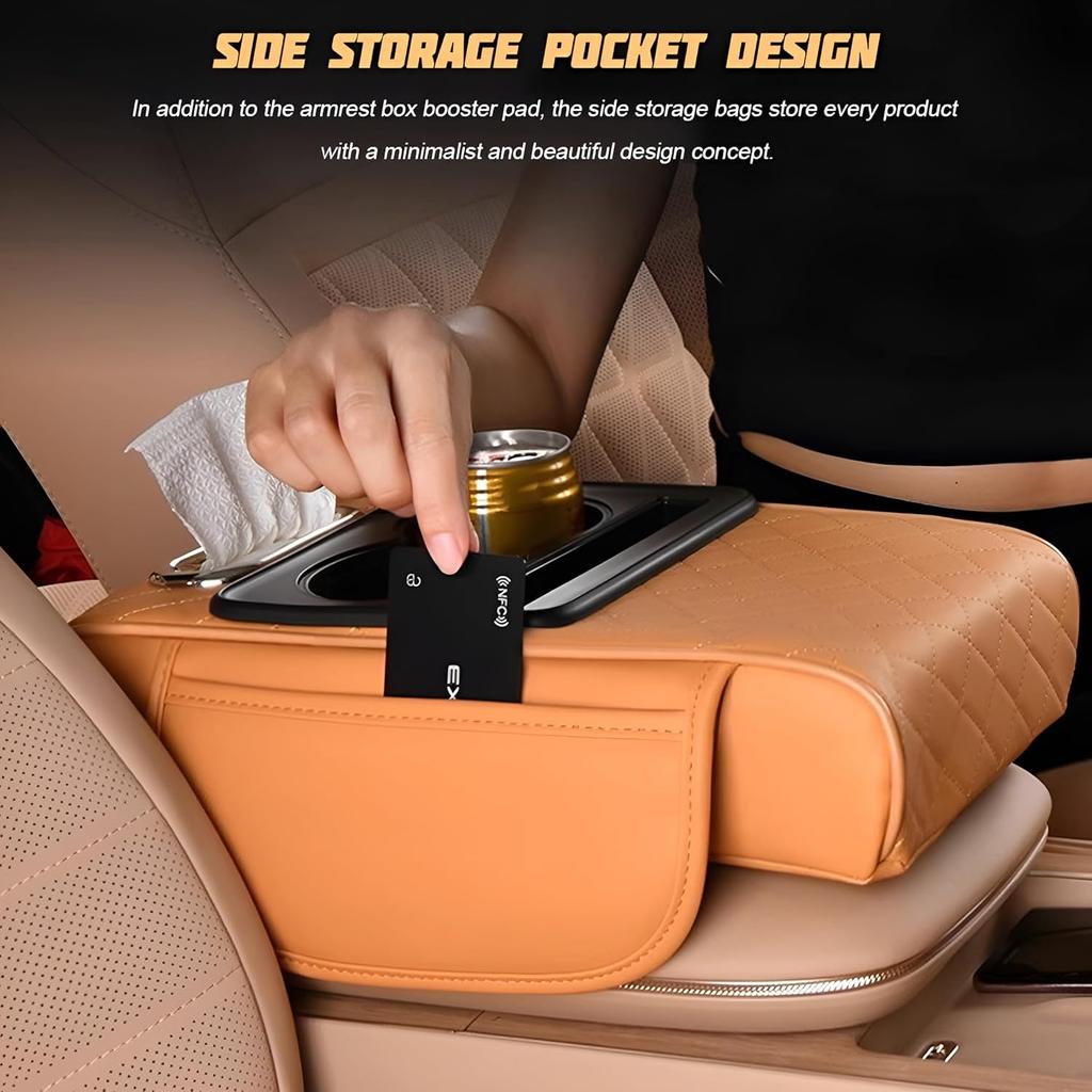 Car Center Console Armrest Pillow, Memory Foam Leather 4 In 1 Vehicle Arm Rest Cover With Tissue Box 2 Side Storage Bag Cup & Phone Holder, Auto