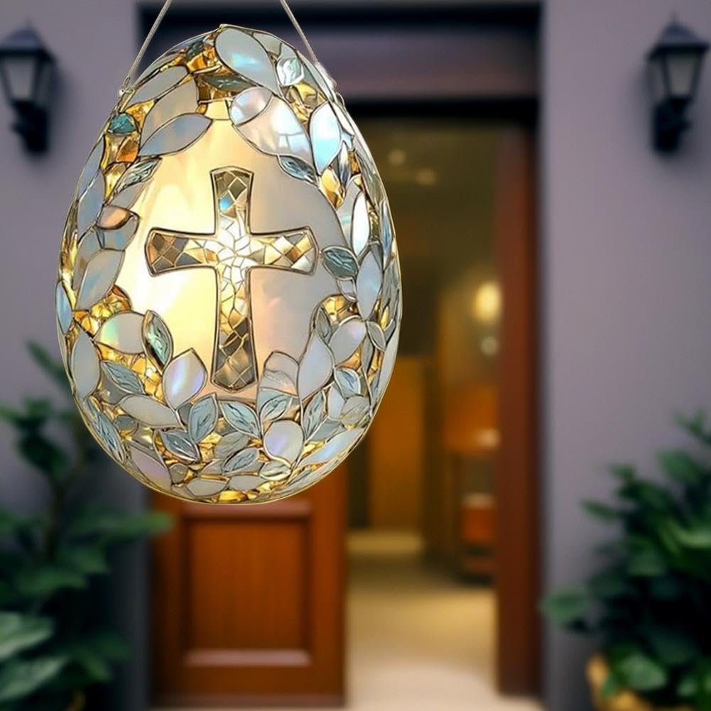Decorative Easter Cross Egg Suncatcher Stained Glass Style Window Hanging 5.7 X 8.0 Inches Easter Hanging Holiday Window Decor
