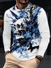 Men Blue Floral Skull Butterfly Graffiti Graphic Long Sleeve T‑Shirt 3D Print Crew Neck Casual Pullover Streetwear Tops