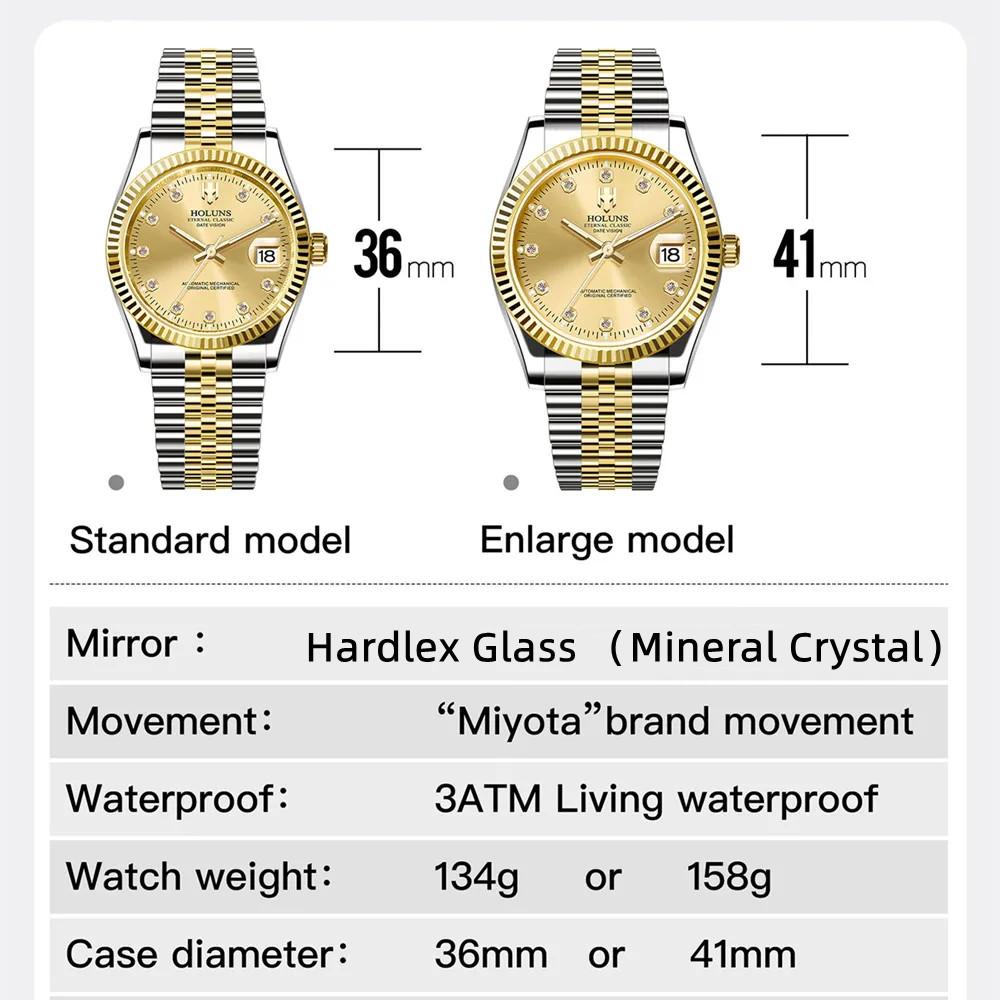HOLUNS Reloj de Oro para Hombre de Diseñador Clásico de Lujo Acero Completo Japón MIYOTA Automático Mecánico de Cuerda Automática Reloj de Pulsera de Negocios