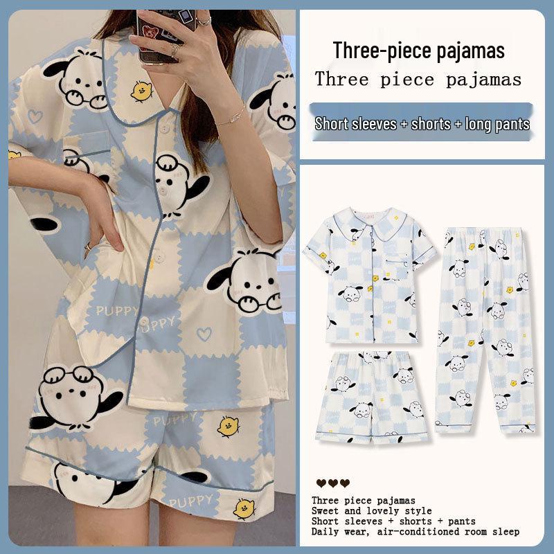 Kuromi Japanese-Style Cotton Pajamas: Women's Summer Lapel Sweet Cardigan Homewear Three-Piece Set