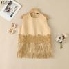 ZANZEA Women Casual Round Neck Lace Tassel Splice Loose Sleeveless Tank Tops