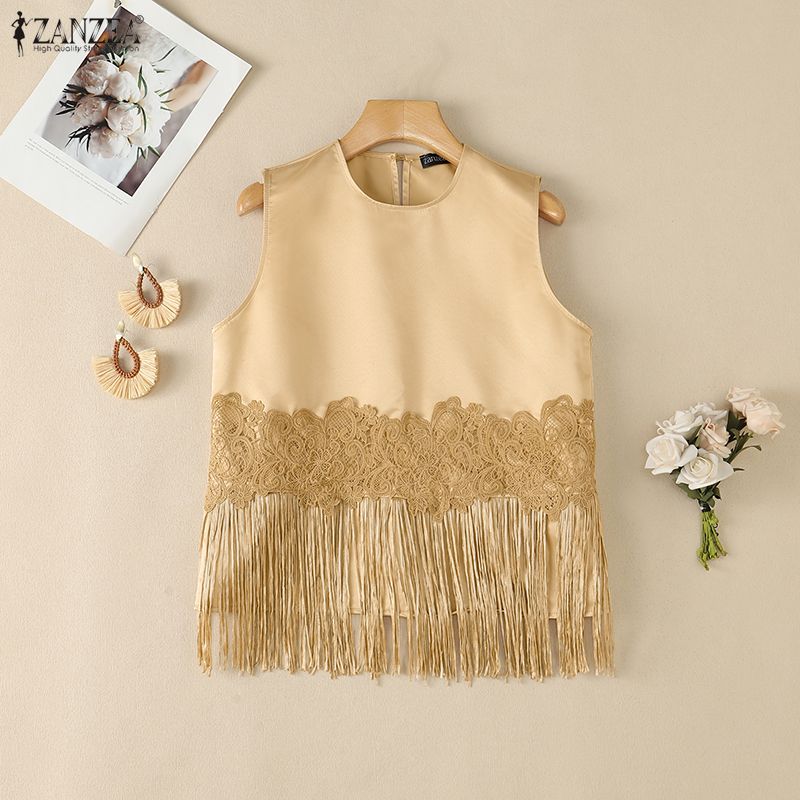 ZANZEA Women Casual Round Neck Lace Tassel Splice Loose Sleeveless Tank Tops