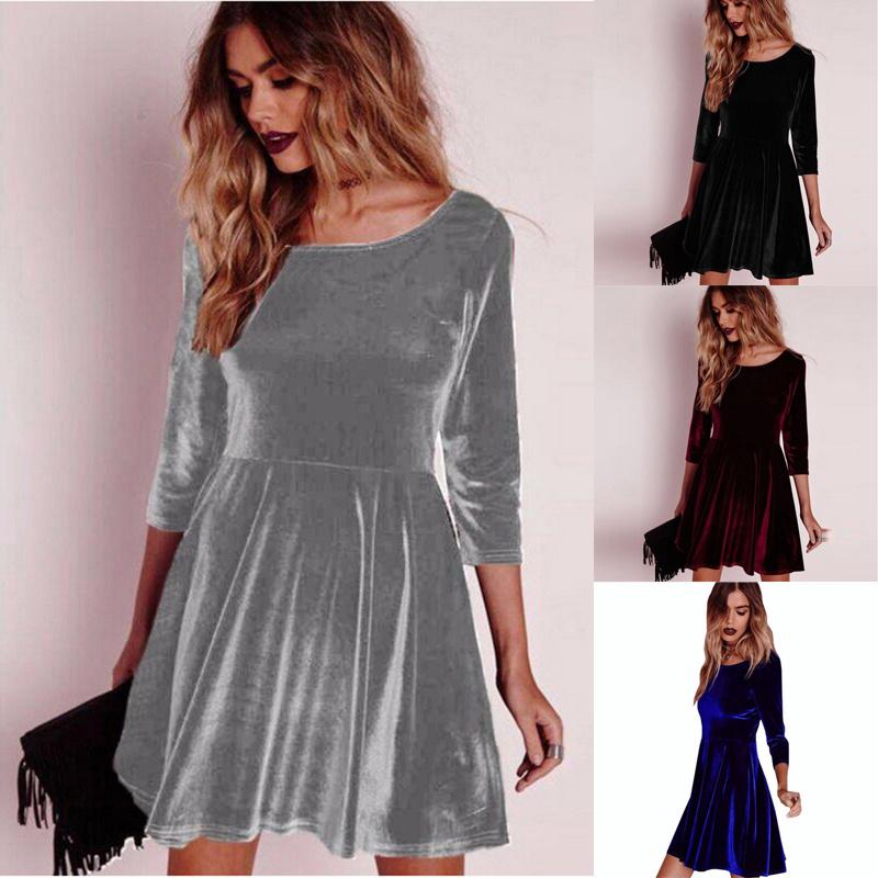 

Женское платье Макси Бархат с длинным рукавом Круглый вырез Платье