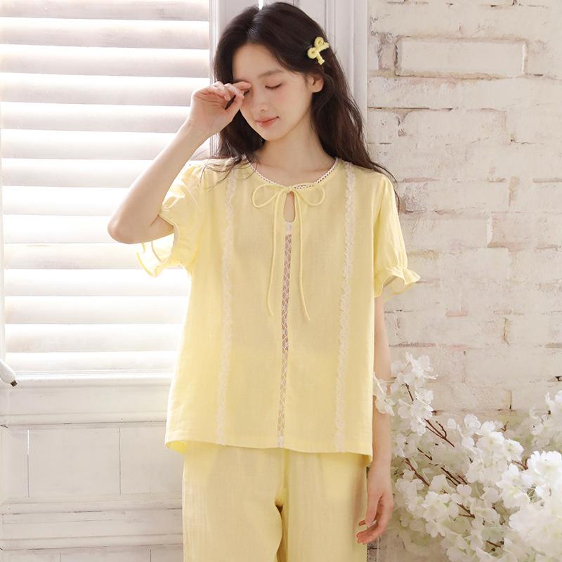 Summer Pajamas Women's Pure Cotton Cotton Yarn Women's Round Neck French Sweet Short-sleeved Loose Wearable Loungewear Set 11