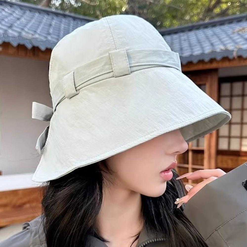 Lightweight Large-brim Bucket Hat Bow Can Tie Hair Sunshade Fisherman Hat UV Protection Half-Open Top Sun-protection Hat