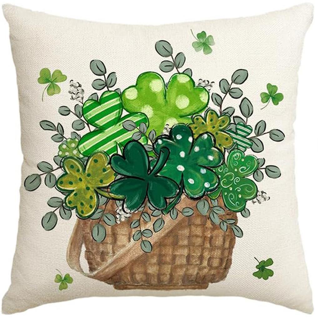 St. Patrick's Day Pillow Cover Line Printed Pillow Cover Green Four-leaf Crocodile Cushion Cover