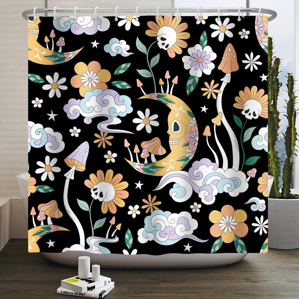 Tenda da doccia arcobaleno vintage anni '70 senza cornice, Fungo Luna Hippie Fiore Sole Luna Farfalla Botanico Vintage, Arredamento Bagno