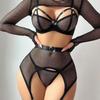 Black Mesh Halter Fishing Net Lingerie Set With Long Sleeves and Metal Ring Accents
