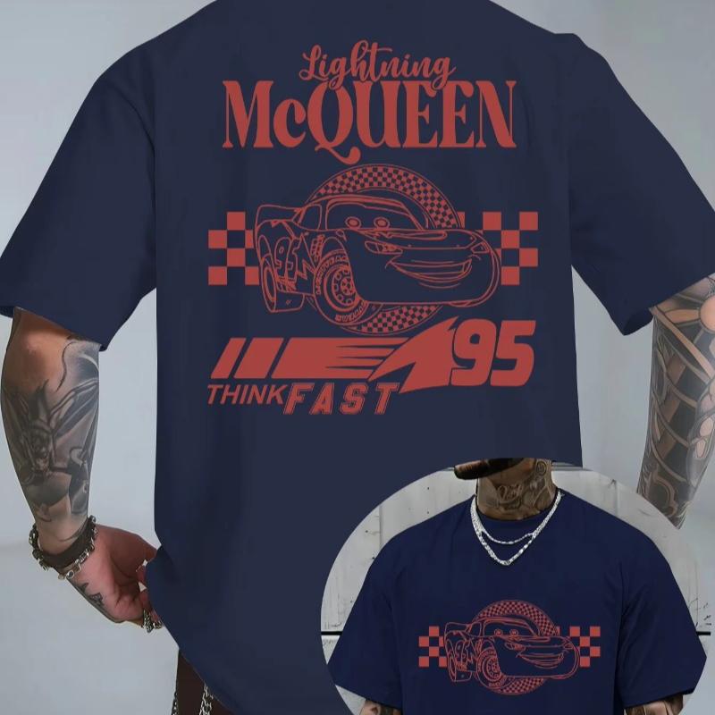Car Lightning McQueen Adult White TShirt Lightning McQueen Text and Racing Pattern Back Unisex Women Oversize Cotton Top