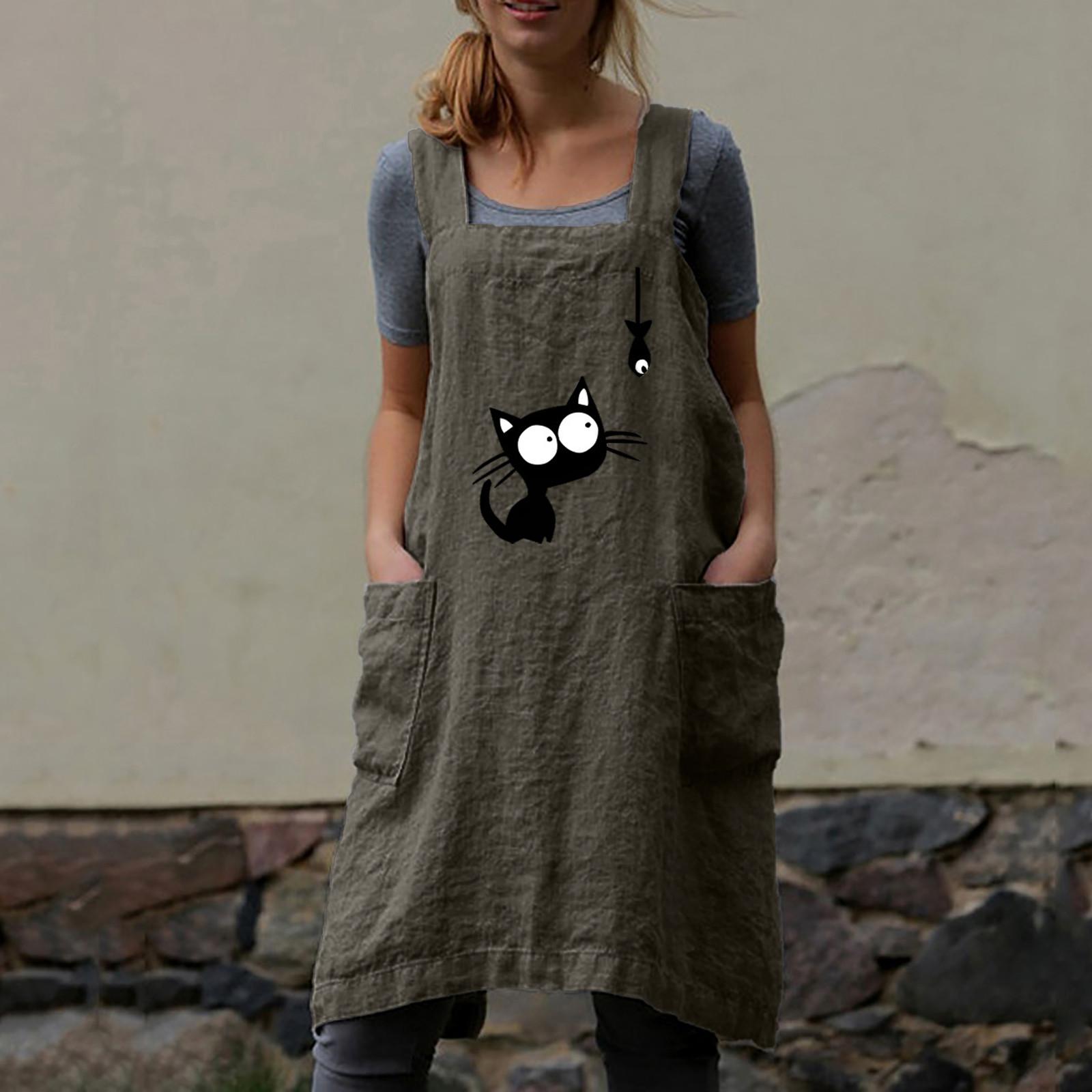 

Женский повседневный свободный фартук с принтом «кошка смотрит на рыбу» и карманом с нерегулярной строчкой, хлопковое и льняное платье XXL армия зеленый