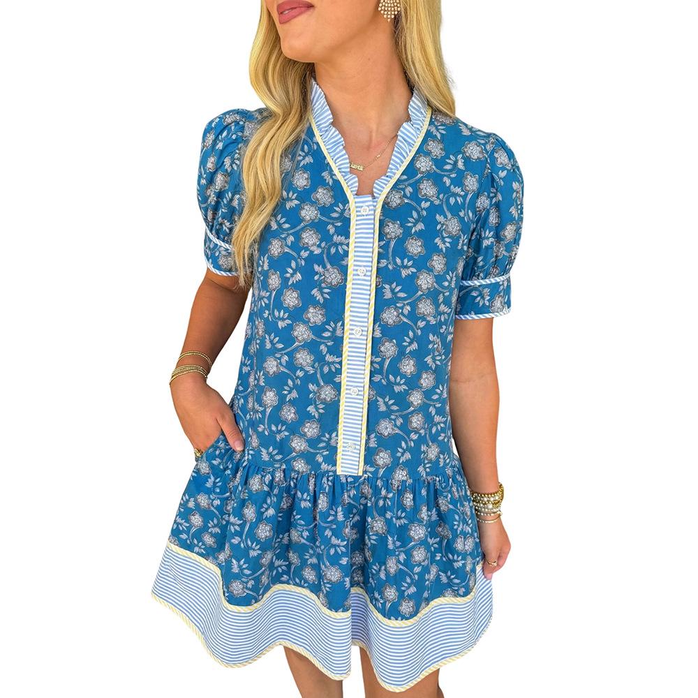 Shi Ying Women s V-Neck Floral High-Waisted Short-Sleeve Dress Large небесно-голубой