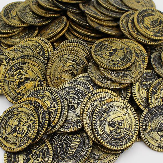 20/100pcs Plastic Skull Pirate Gold Coins Fake Treasure Game Coins for Halloween Birthday Party Decorations Kids Favors Supplies