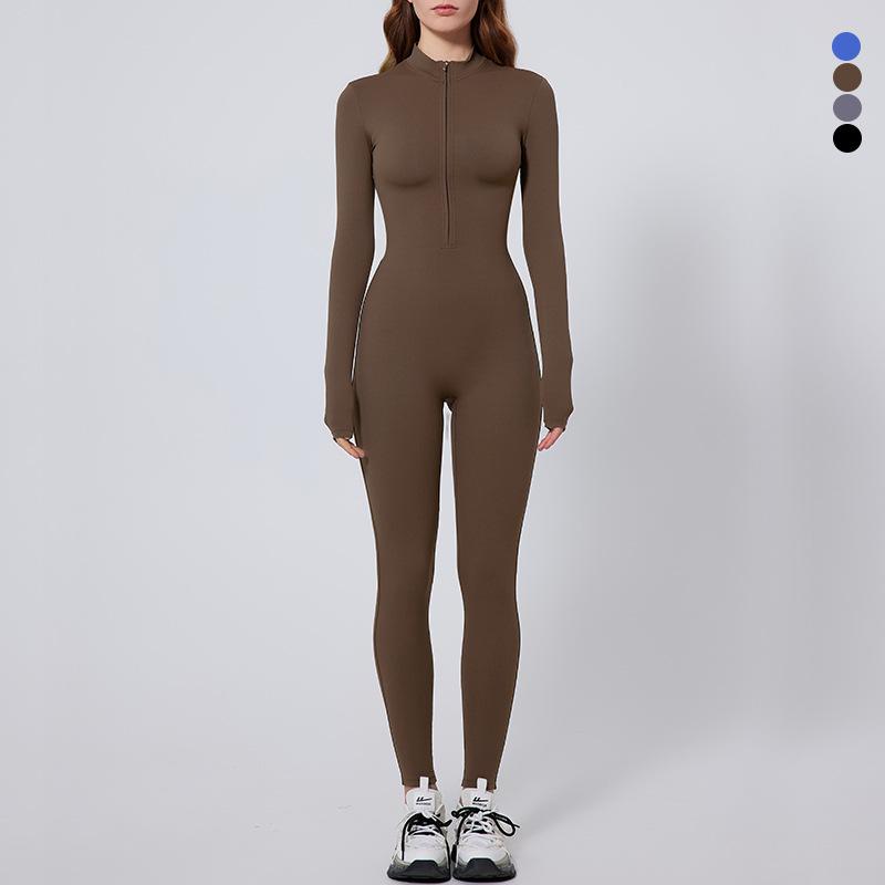 Dámský nahý overal na jógu s dlouhým rukávem a zipem pro běh a fitness