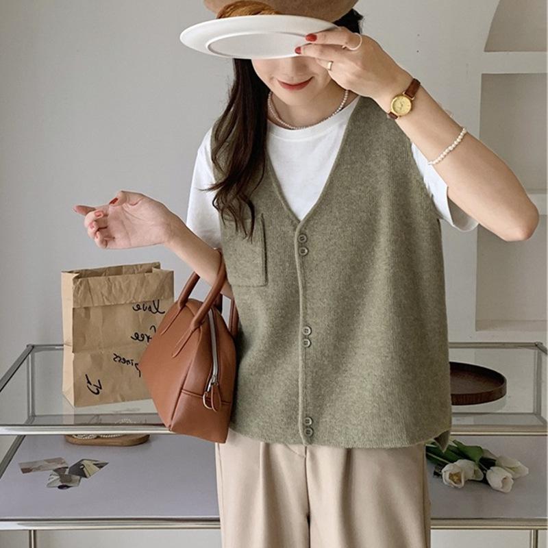 Korean Version Solid Pocket Knitted Vest Cardigan Women's Autumn Winter New Loose Fashion V-neck Sleeveless Sweater Vest