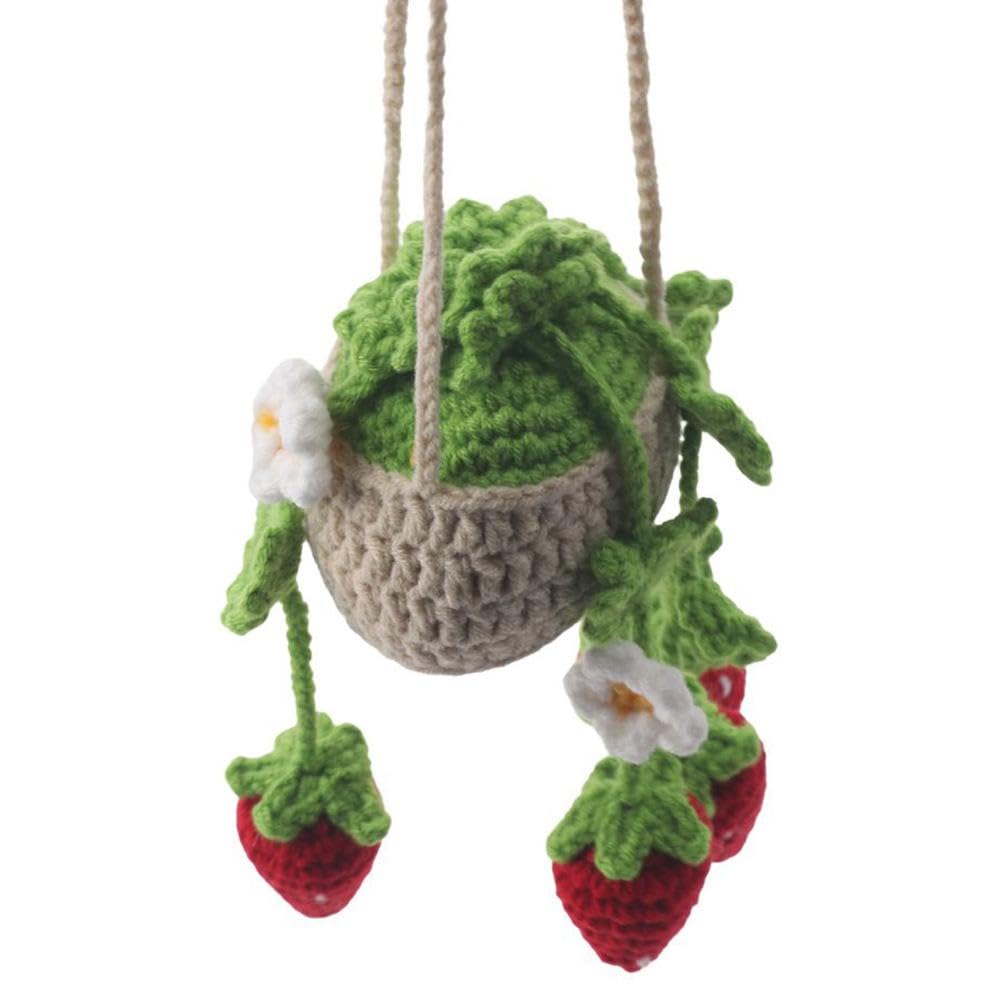 Car Hanging Ornament, Plant Strawberry Car Accessories, Cute Crochet Plant Rear View Mirror Pendant, Car Interior Accessories, Car Decoration Charms