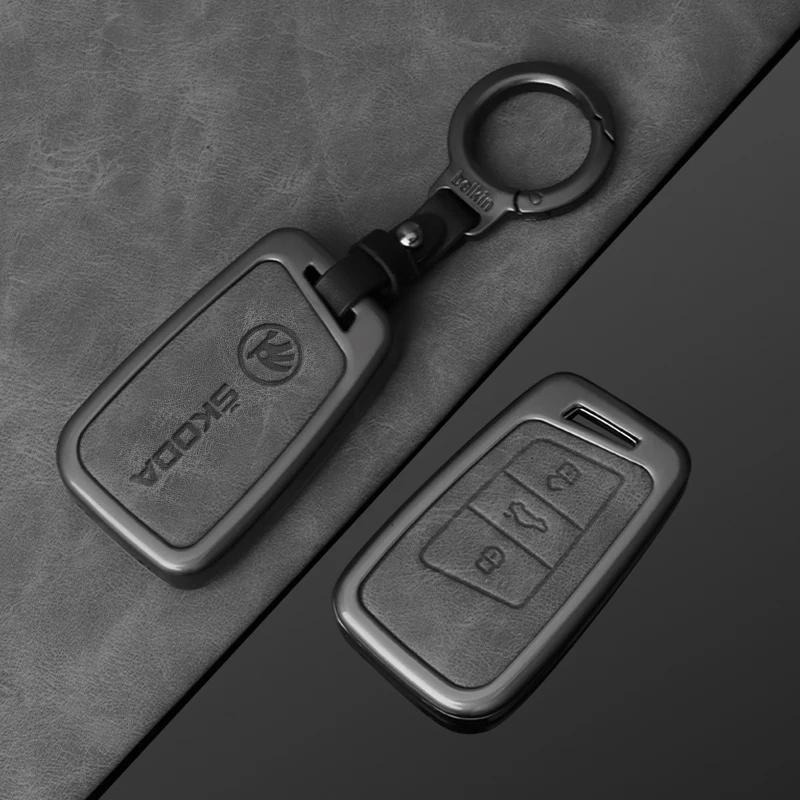 Car Sticker 2025 New Zinc Alloy Leather Car Remote Key Case Cover Protection Shell Auto Styling Accessory For Skoda Superb A7 Ka