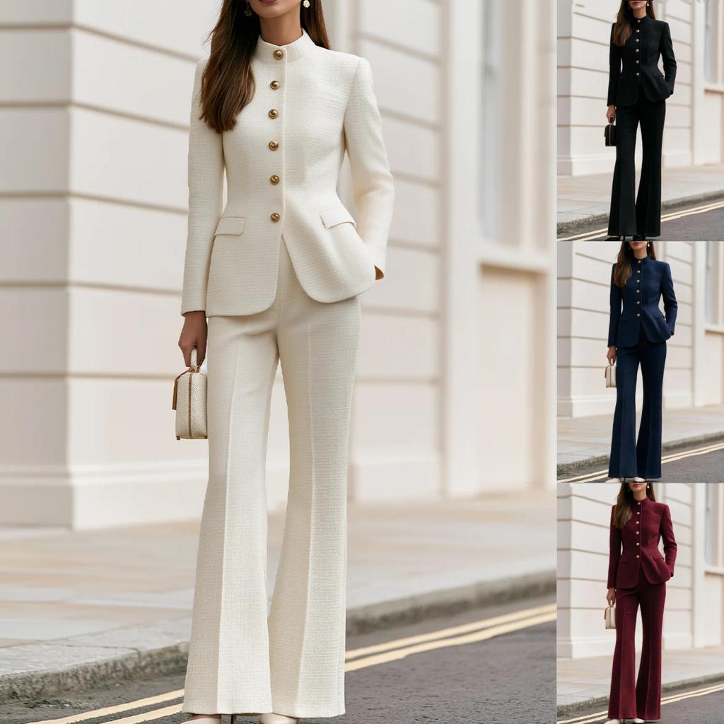 Women Tracksuit Set Long Sleeve Stand Collar Single Breasted Jacket Flare Pants Solid Color Elegant Outfit