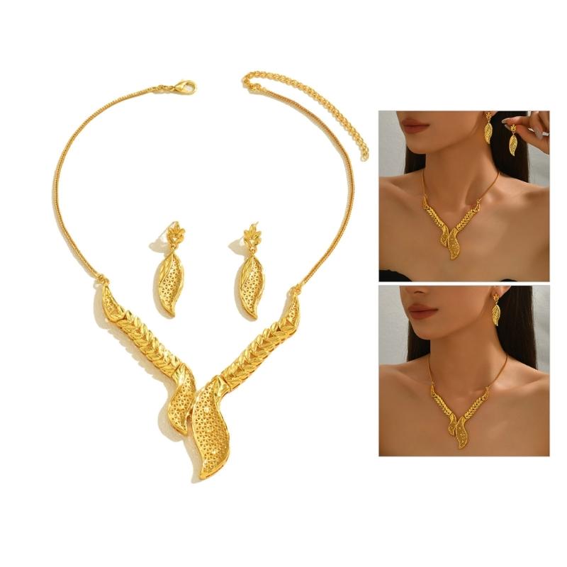 Elegant Hollow Out Leaf Design Alloy Necklace And Earrings Set Hollow Metal Leaf Jewelry For Formal Event Daily Wear