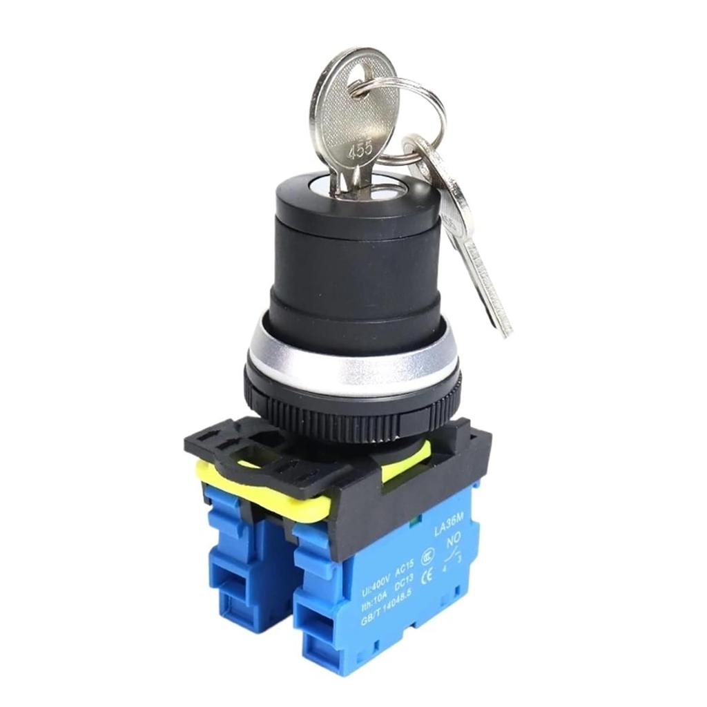 30mm Key Rotary Switch On Off LA36M Latching Self Locking Start Stop Electrical Knob Button Switches 10A 2NO(2 Position-1NO)