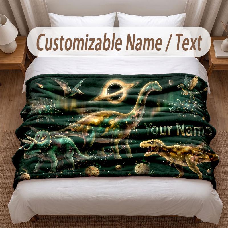 Dinosaur Theme Soft Blanket Personalized Custom Name Text Print Warm Blanket Home Sofa Bedroom Decor