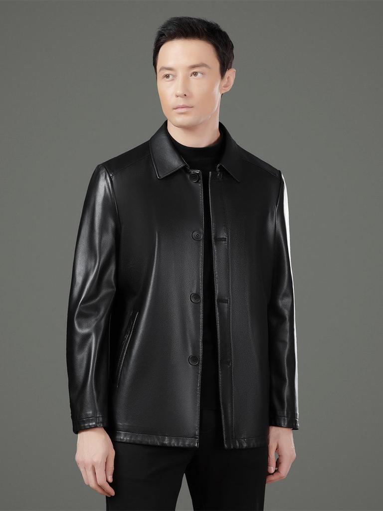 Men's Genuine Sheepskin Lapel Coat - Winter 2025 Single-Breasted Leather Jacket with Plush Lining for Middle-Aged Dads